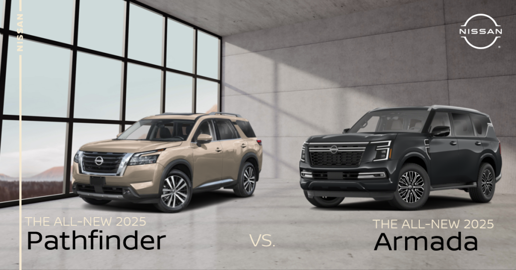 A comparison picture that shows the 2025 Nissan Pathfinder vs. the 2025 Nissan Armada in Mayfield Heights, OH